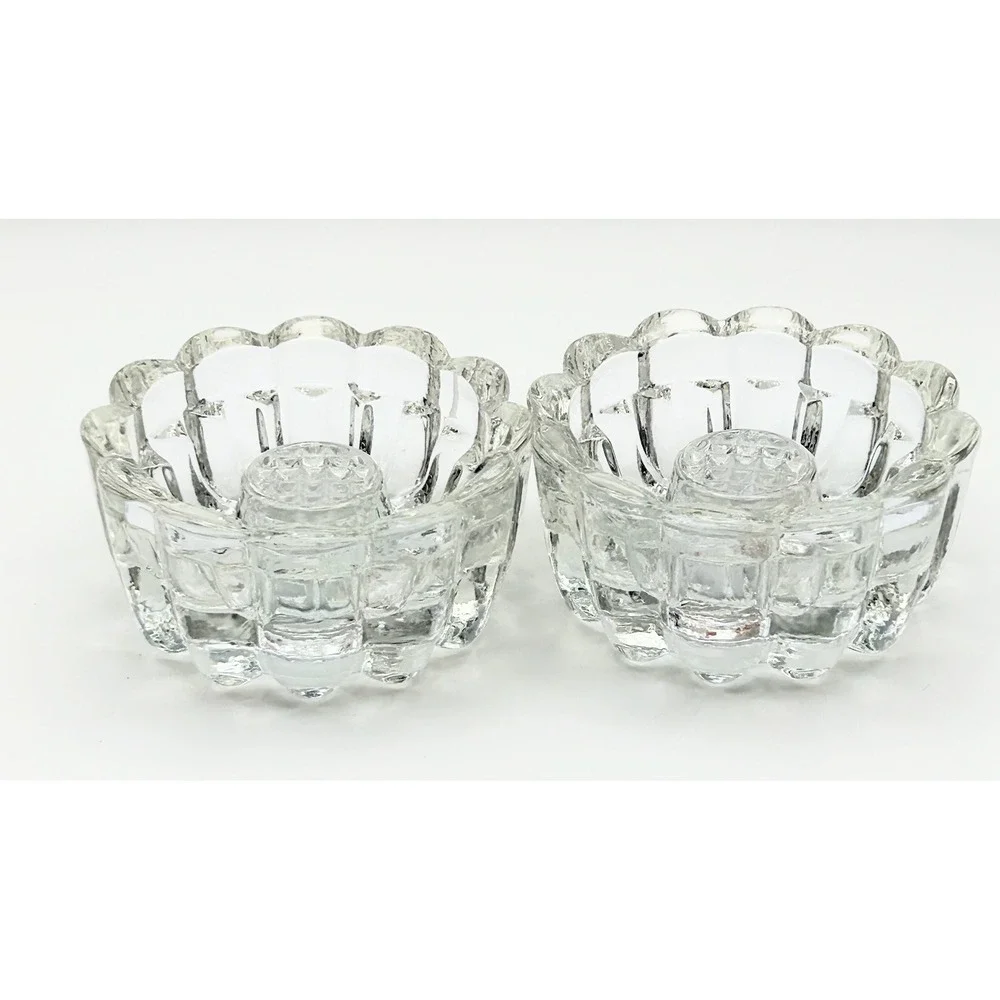 Vintage Clear Glass Scalloped Bubble Candle Holder Set Taper Tea Light Pair 4in
